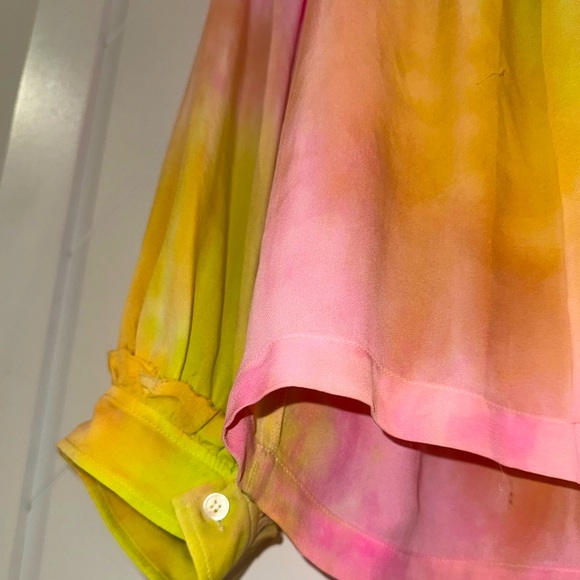 raquel allegra victorian ruffle blouse 100% silk tie dye pink chartreuse 00 XS - Picture 5 of 14